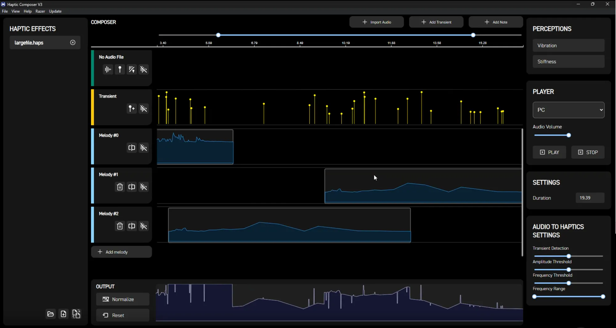 Haptic Composer with a transient track and three melody tracks used to design a haptic effect
