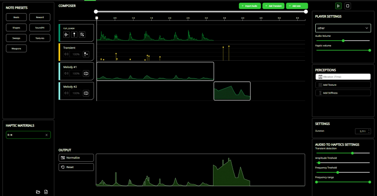 Haptic Composer interface showing advanced haptic effect creation tools and timeline editor